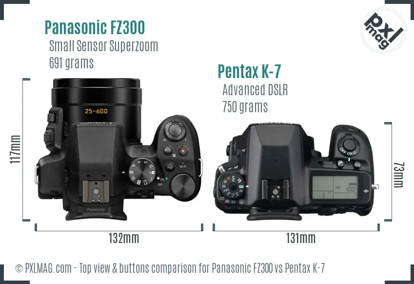 Panasonic FZ300 vs Pentax K-7 top view buttons comparison