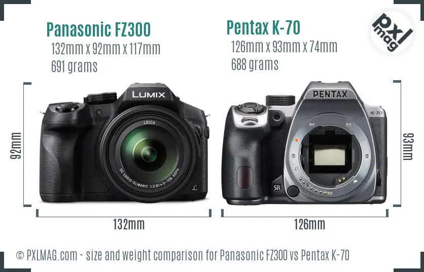 Panasonic FZ300 vs Pentax K-70 size comparison