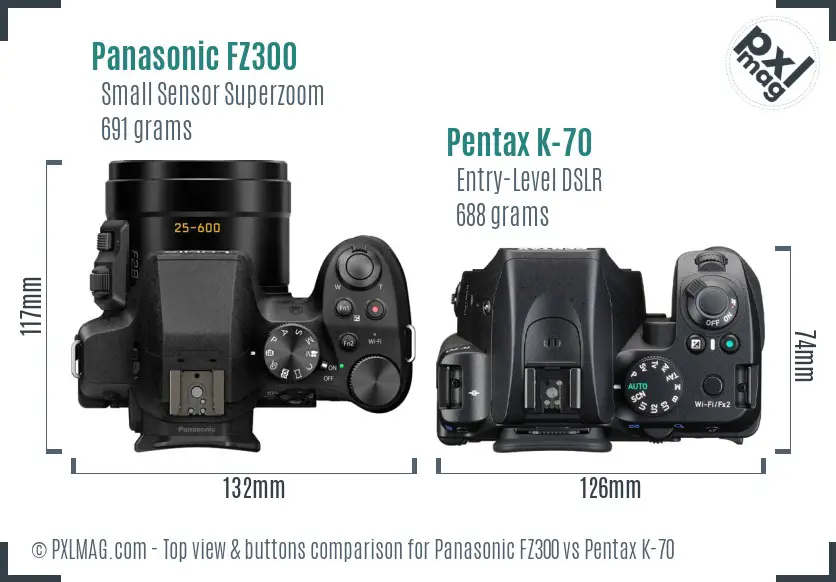 Panasonic FZ300 vs Pentax K-70 top view buttons comparison