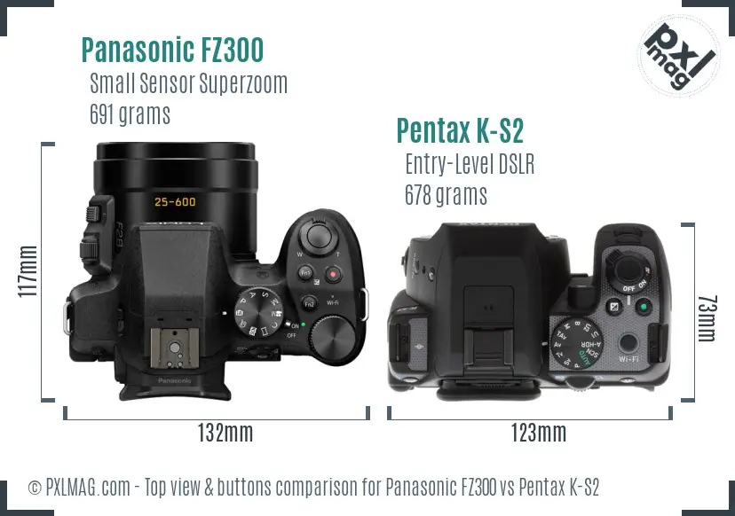 Panasonic FZ300 vs Pentax K-S2 top view buttons comparison