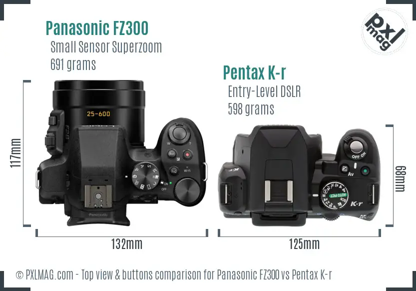 Panasonic FZ300 vs Pentax K-r top view buttons comparison
