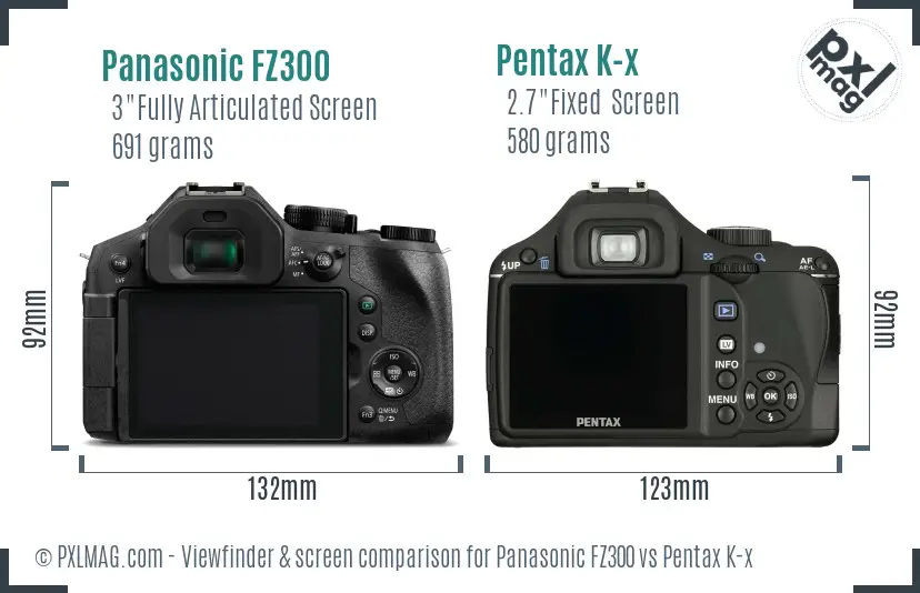 Panasonic FZ300 vs Pentax K-x Screen and Viewfinder comparison