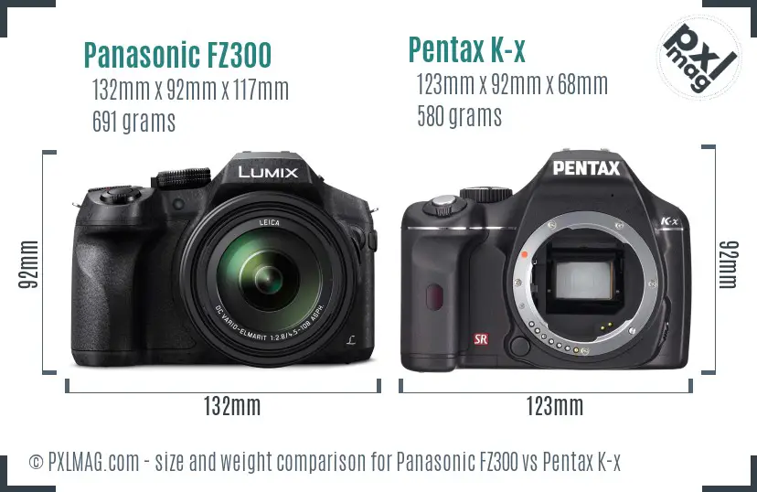 Panasonic FZ300 vs Pentax K-x size comparison
