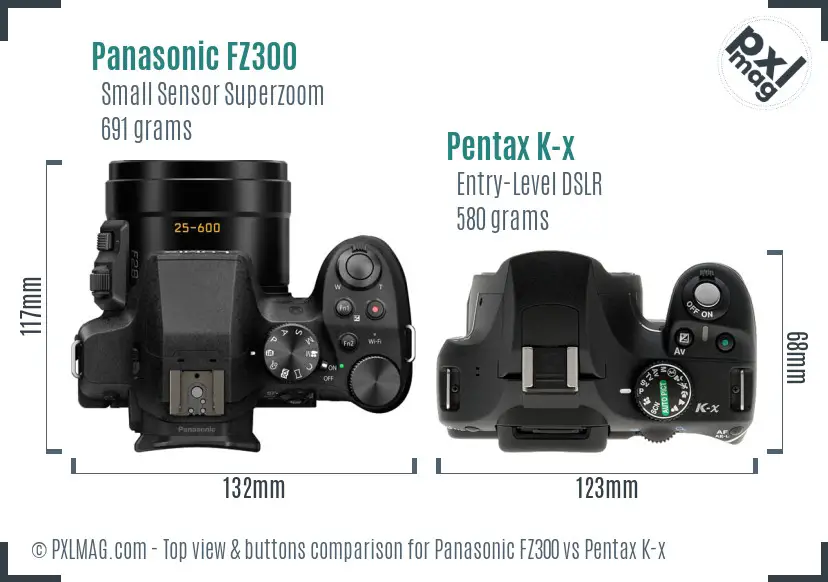 Panasonic FZ300 vs Pentax K-x top view buttons comparison
