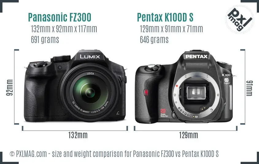 Panasonic FZ300 vs Pentax K100D S size comparison