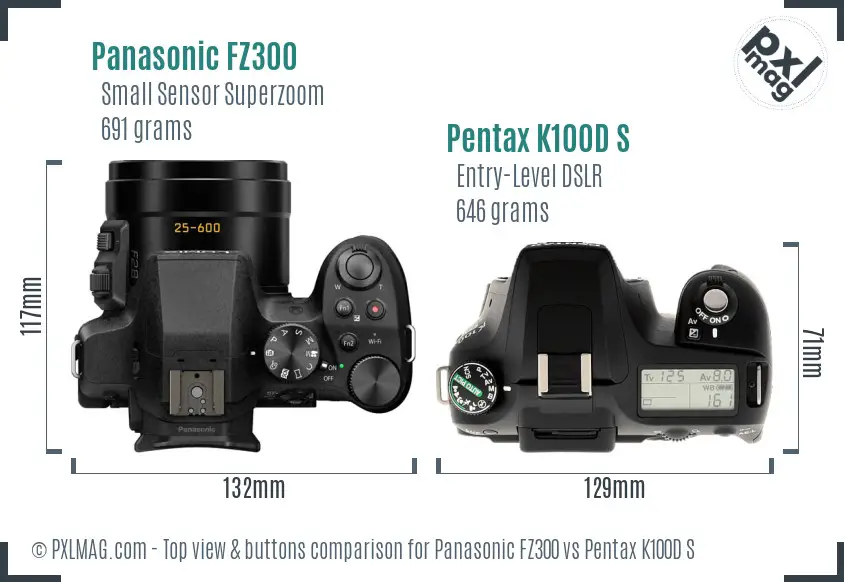 Panasonic FZ300 vs Pentax K100D S top view buttons comparison