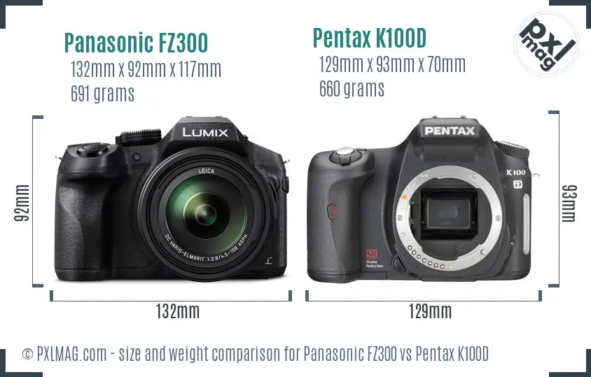 Panasonic FZ300 vs Pentax K100D size comparison