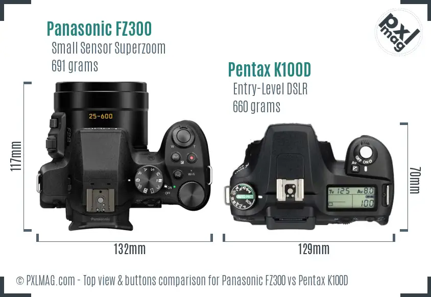 Panasonic FZ300 vs Pentax K100D top view buttons comparison