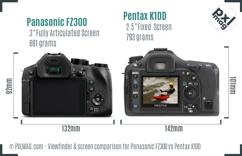 Panasonic FZ300 vs Pentax K10D Screen and Viewfinder comparison