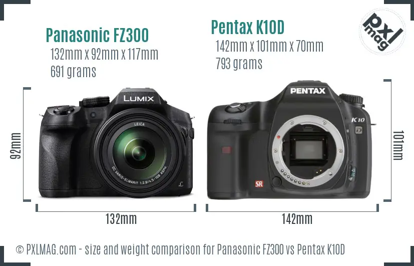 Panasonic FZ300 vs Pentax K10D size comparison