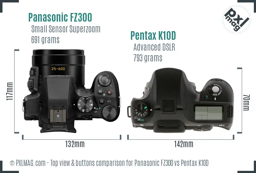 Panasonic FZ300 vs Pentax K10D top view buttons comparison