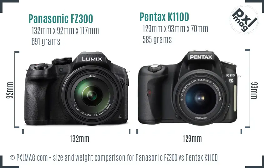 Panasonic FZ300 vs Pentax K110D size comparison
