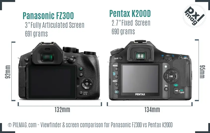 Panasonic FZ300 vs Pentax K200D Screen and Viewfinder comparison