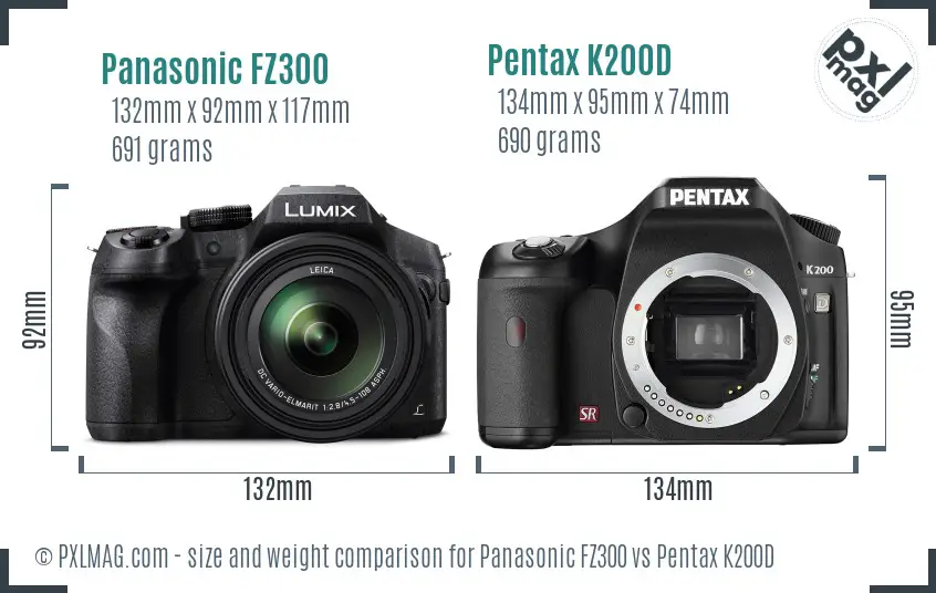 Panasonic FZ300 vs Pentax K200D size comparison