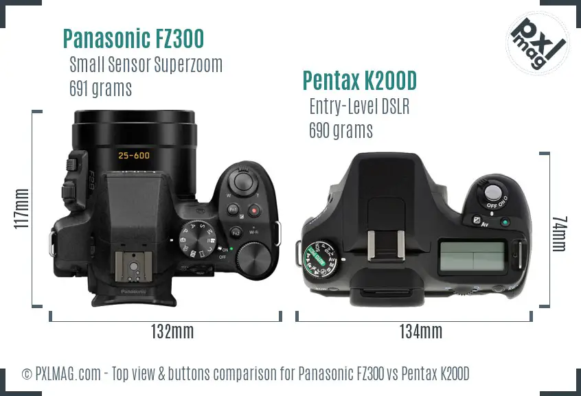 Panasonic FZ300 vs Pentax K200D top view buttons comparison