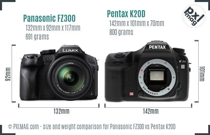 Panasonic FZ300 vs Pentax K20D size comparison