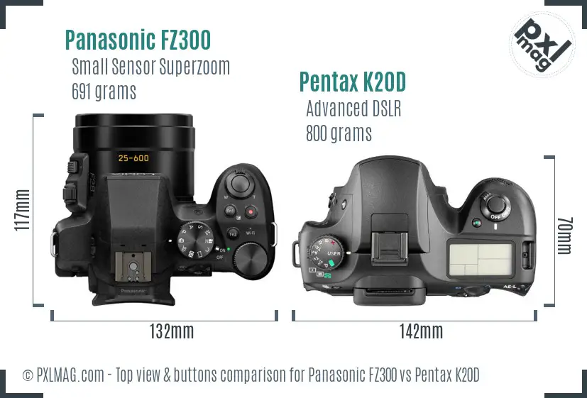 Panasonic FZ300 vs Pentax K20D top view buttons comparison