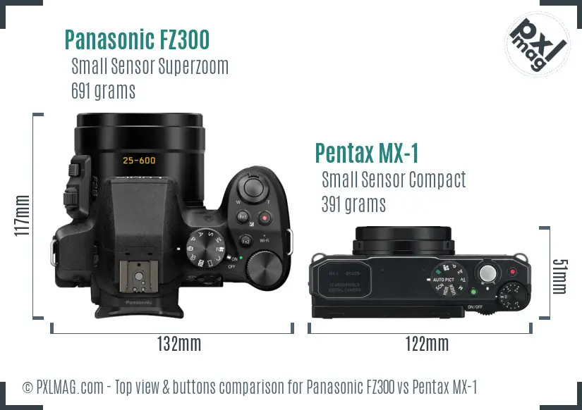 Panasonic FZ300 vs Pentax MX-1 top view buttons comparison