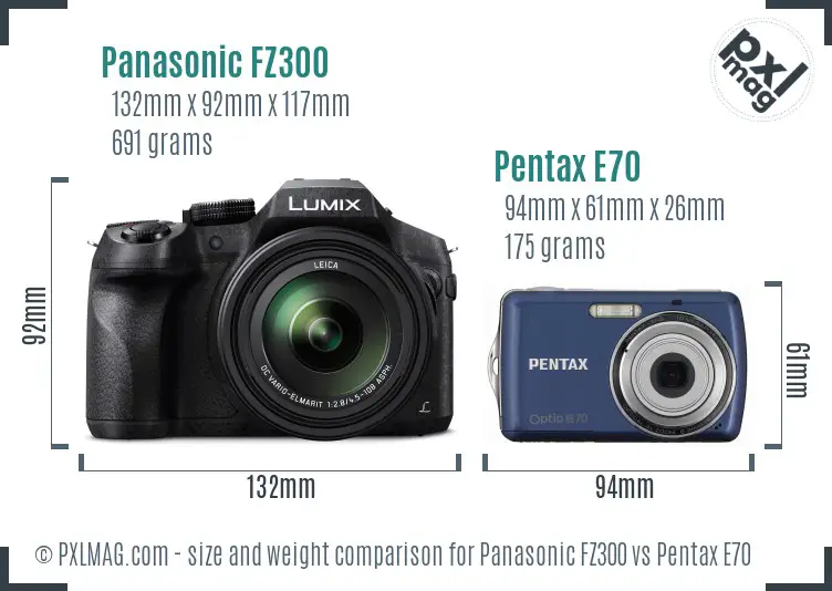 Panasonic FZ300 vs Pentax E70 size comparison