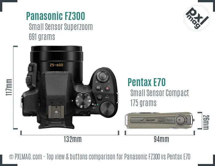 Panasonic FZ300 vs Pentax E70 top view buttons comparison