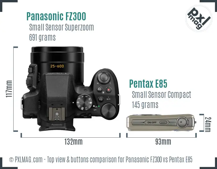 Panasonic FZ300 vs Pentax E85 top view buttons comparison