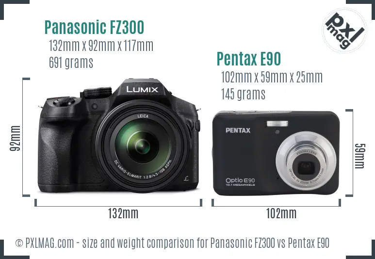 Panasonic FZ300 vs Pentax E90 size comparison