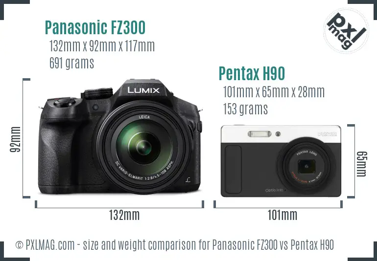 Panasonic FZ300 vs Pentax H90 size comparison