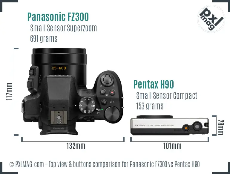 Panasonic FZ300 vs Pentax H90 top view buttons comparison