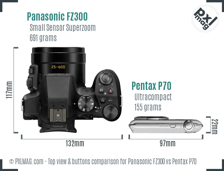 Panasonic FZ300 vs Pentax P70 top view buttons comparison