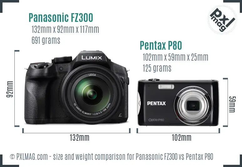 Panasonic FZ300 vs Pentax P80 size comparison
