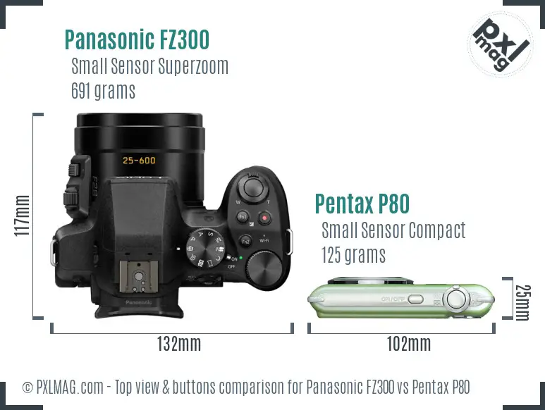 Panasonic FZ300 vs Pentax P80 top view buttons comparison
