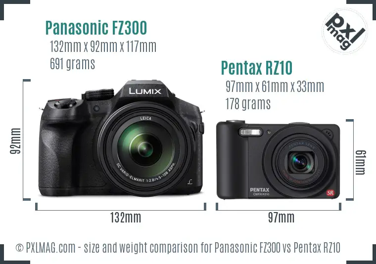 Panasonic FZ300 vs Pentax RZ10 size comparison