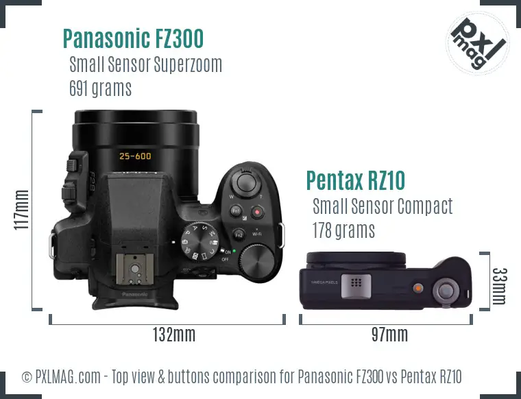 Panasonic FZ300 vs Pentax RZ10 top view buttons comparison