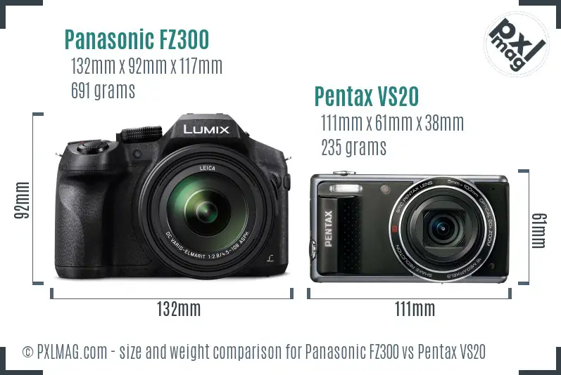 Panasonic FZ300 vs Pentax VS20 size comparison