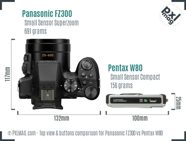 Panasonic FZ300 vs Pentax W80 top view buttons comparison