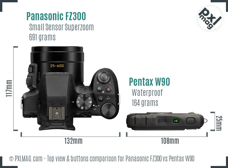 Panasonic FZ300 vs Pentax W90 top view buttons comparison