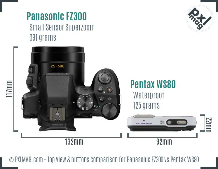 Panasonic FZ300 vs Pentax WS80 top view buttons comparison