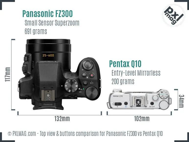 Panasonic FZ300 vs Pentax Q10 top view buttons comparison