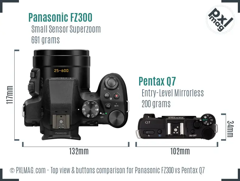 Panasonic FZ300 vs Pentax Q7 top view buttons comparison