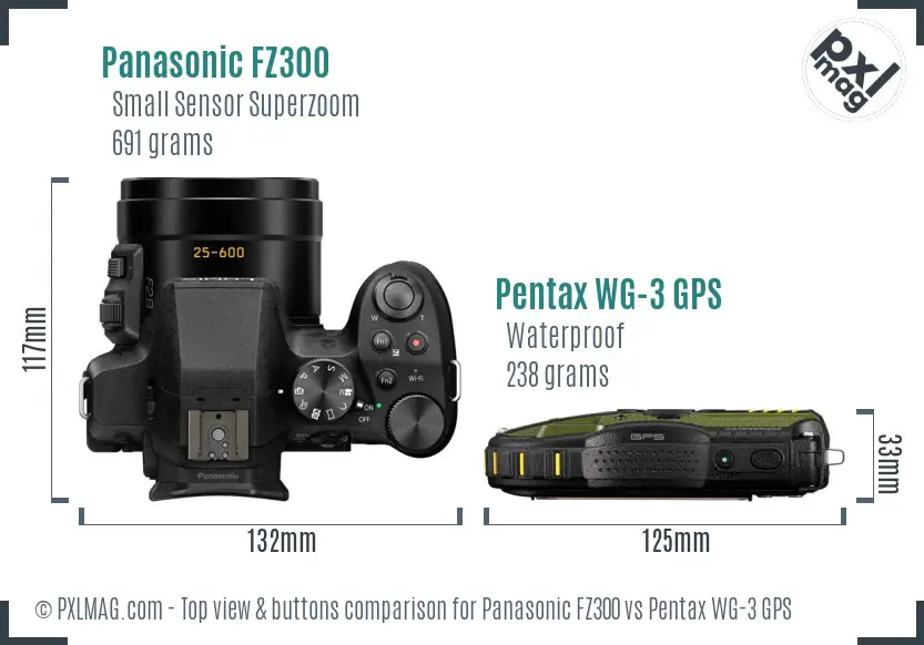 Panasonic FZ300 vs Pentax WG-3 GPS top view buttons comparison Panasonic FZ300 vs Pentax WG-3 GPS top view buttons comparison