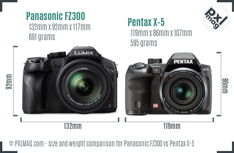 Panasonic FZ300 vs Pentax X-5 size comparison