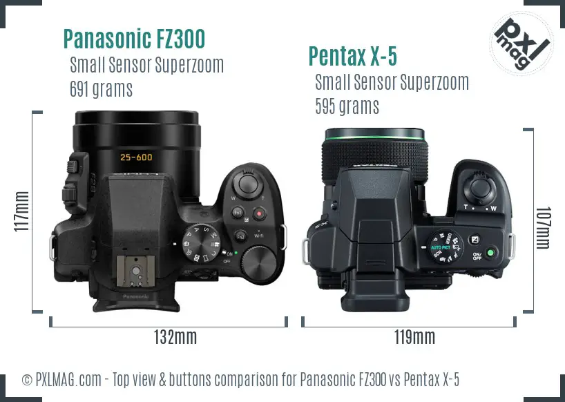 Panasonic FZ300 vs Pentax X-5 top view buttons comparison