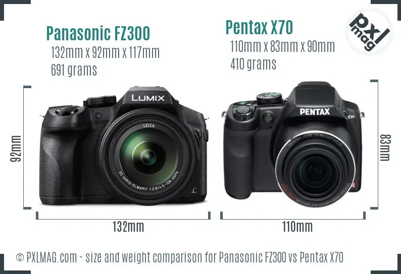 Panasonic FZ300 vs Pentax X70 size comparison