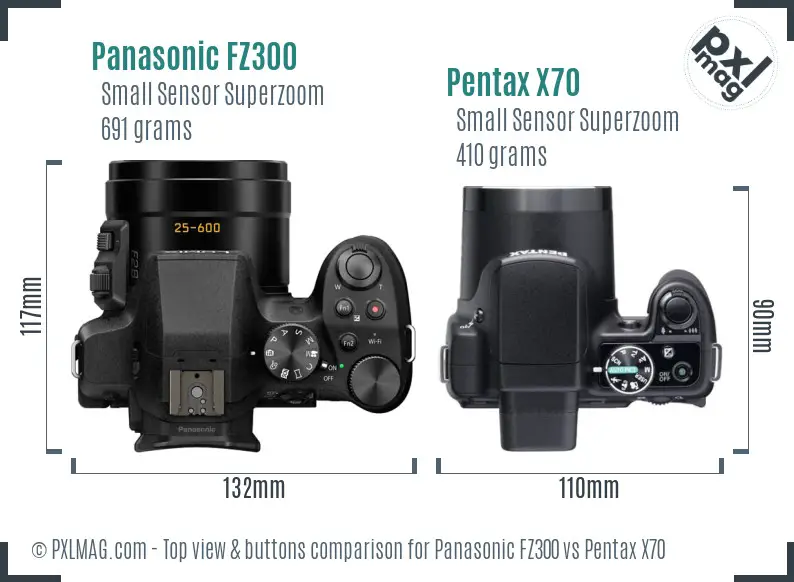 Panasonic FZ300 vs Pentax X70 top view buttons comparison