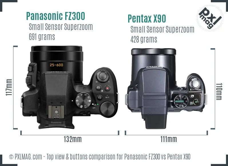 Panasonic FZ300 vs Pentax X90 top view buttons comparison