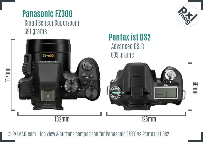 Panasonic FZ300 vs Pentax ist DS2 top view buttons comparison