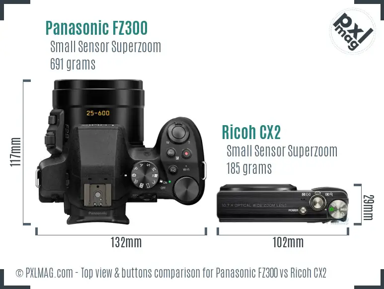 Panasonic FZ300 vs Ricoh CX2 top view buttons comparison Panasonic FZ300 vs Ricoh CX2 top view buttons comparison