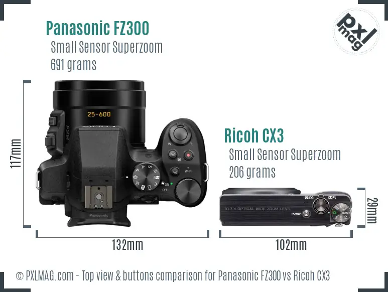 Panasonic FZ300 vs Ricoh CX3 top view buttons comparison