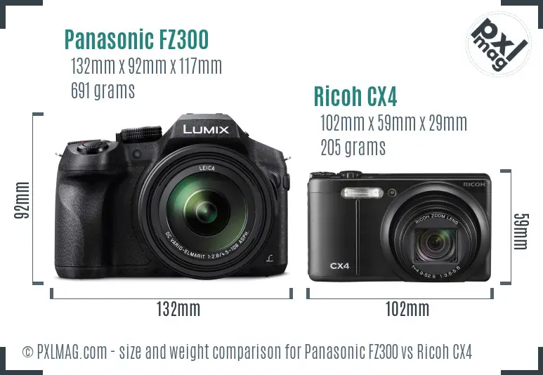 Panasonic FZ300 vs Ricoh CX4 size comparison Panasonic FZ300 vs Ricoh CX4 size comparison