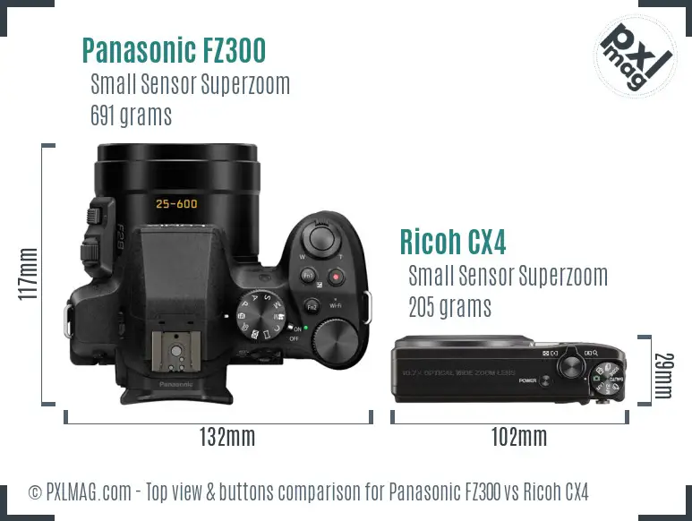Panasonic FZ300 vs Ricoh CX4 top view buttons comparison Panasonic FZ300 vs Ricoh CX4 top view buttons comparison